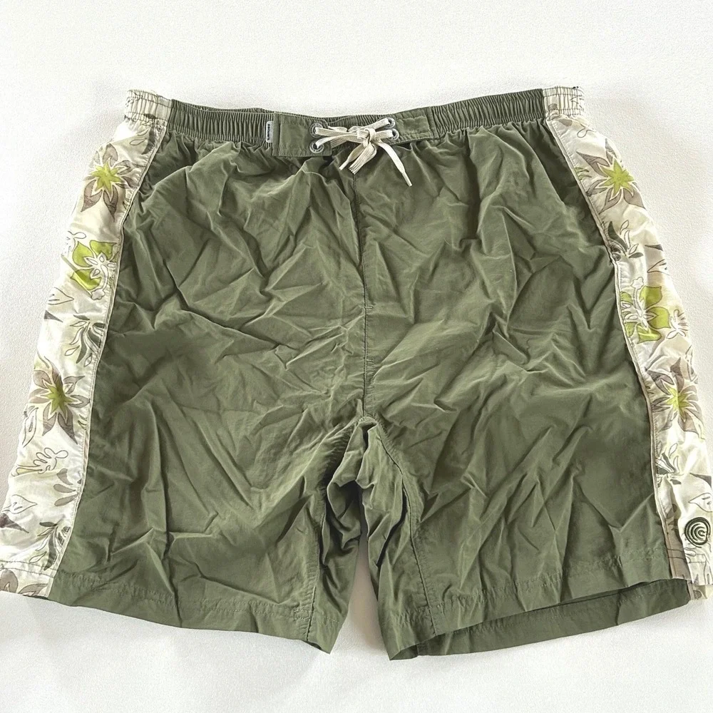 Columbia Convert Board Shorts Men L Olive Green Floral Side Stripe Y2K Surf Gorp